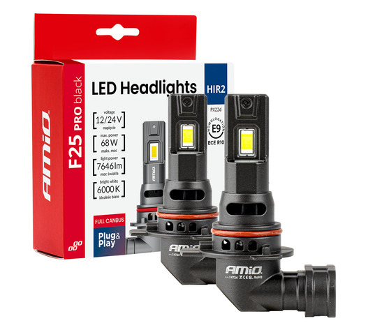 Amio - Λαμπτήρες LED F25 PRO Black Edition HIR2 (9012) 68W 12-24V Full CAN Bus με Φωτεινότητα 7646lm σε Ψυχρό Λευκό 6000K για Επιβατικά Αυτοκίνητα & Φορτηγά - Σετ 2 τεμ. (04724/AM)