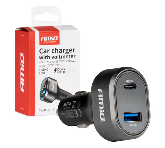 Amio - ΦΟΡΤΙΣΤΗΣ ΑΝΑΠΤΗΡΑ ΜΕ 2 ΘΥΡΕΣ USB-C+USB-A QUICK CHARGE 3.0 30W ΜΕ ΒΟΛΤΟΜΕΤΡΟ ΜΑΥΡΟ - 1 Τεμ. (04178/AM)